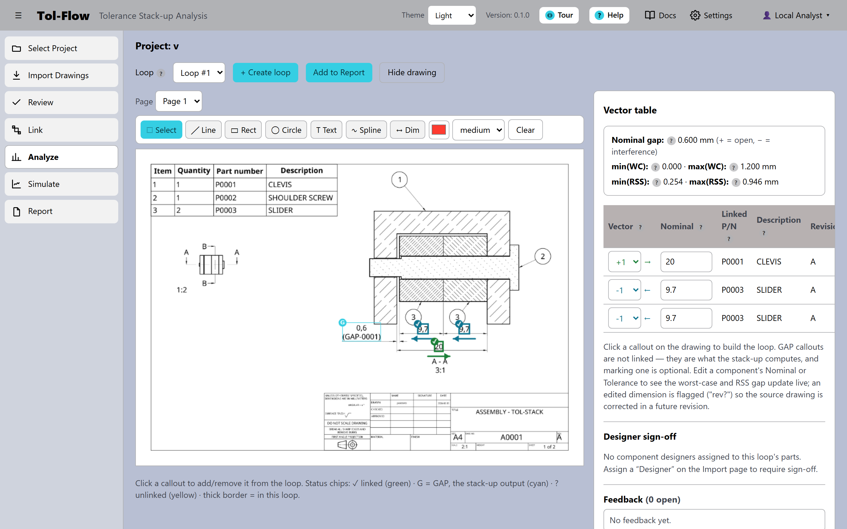TolFlow analysis workspace showing a dimension loop and Pareto sensitivity chart